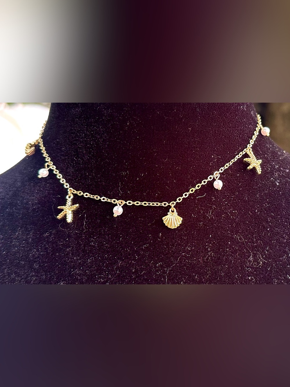 Periwinkle by Barlow Gold Shell & Starfish Necklace with Pearl Drops
